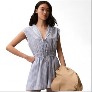 Anthropologie Maeve Eyelet Shorts Romper Blue Stripe Collar Neckline Medium NWT